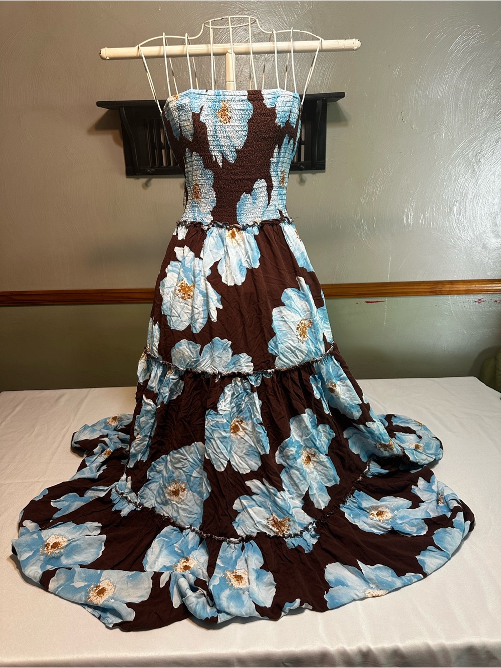 Strapless Floral Maxi Dress in Brown & Light Blue
